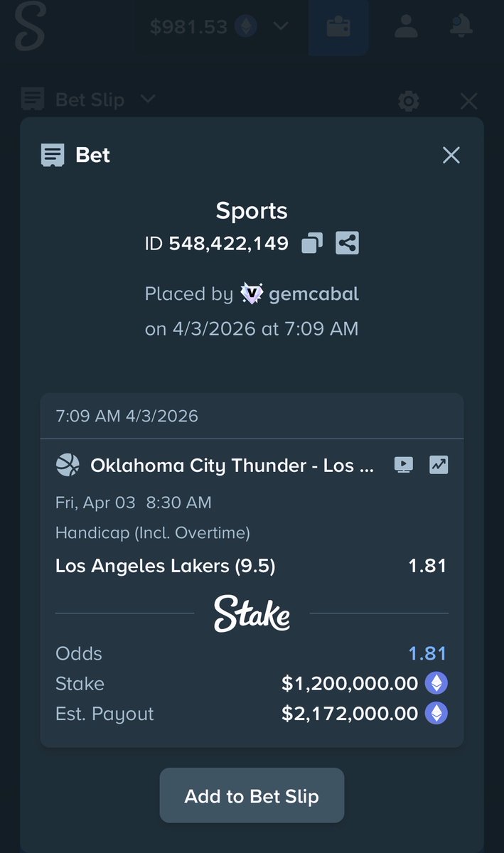 Just went all in $1.2M on Lakers +9.5 points vs OKC

Payout = $2,172,000 https://t.co/TriF2RtZHJ