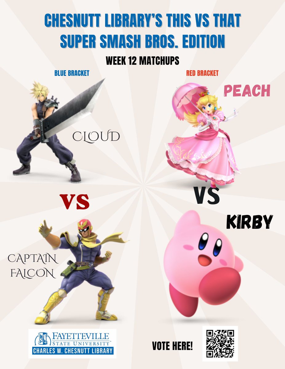 There's still time to get your virtual votes in for this week's This vs That!
Scan the QR code or head over to uncfsu.libwizard.com/f/tournamentro…

#uncfsu #chesnuttlibrary #fayettevillestatebroncos #charleswchesnuttlibrary #fayettevillestateuniversity #Chesnuttthisorthat #thisorthat