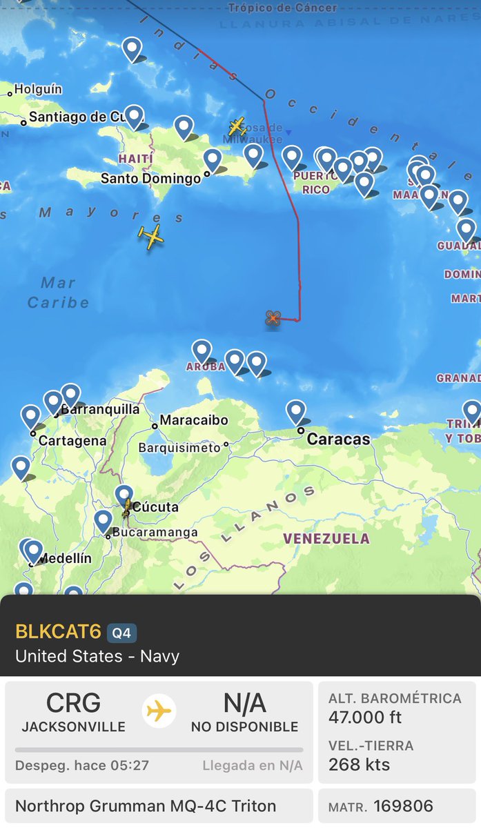 Drone de vigilancia en este momento en el Mar Caribe.