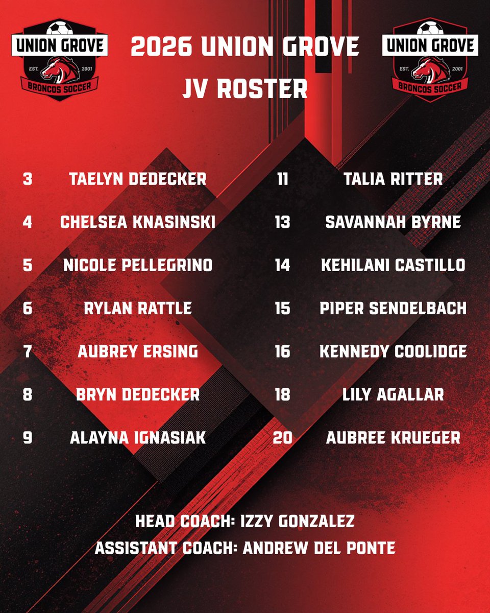 Here is your 2026 Union Grove Broncos JV roster. We are so excited for all the new members of the Broncos Soccer family!