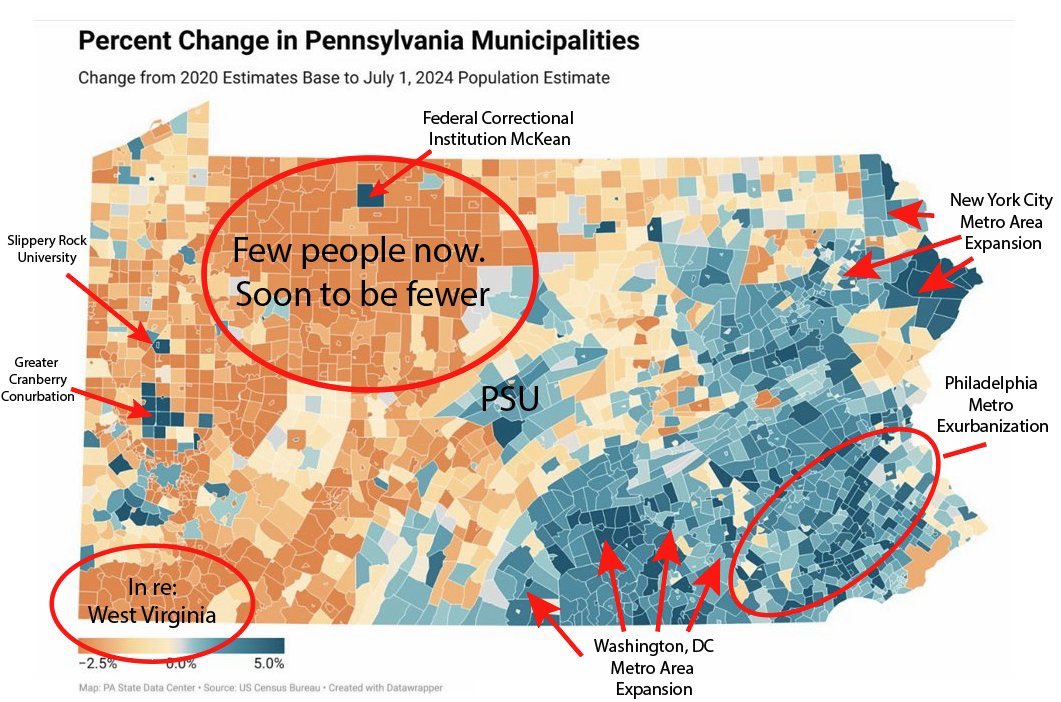 From last year and I could update it, but the story hasn’t changed I’m sure.  

Population change in Pennsylvania, 2020-2024.