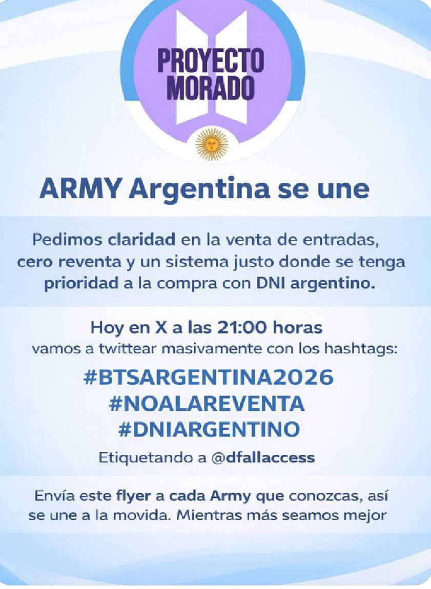 LuzveronicaN's tweet photo. NO a la REVENTA de ENTRADAS!!!

#BTSARGENTINA2026 #NOALAREVENTA #DNIARGENTINA
@Proyecto_Morado 
PROYECTO MORADO ARGENTINA 
WHALIEN 52 ON LINE 
MAMACITAS ARMYs SAN JUAN
SPRING DAY SAN JUAN https://t.co/ppvEsmr7eP