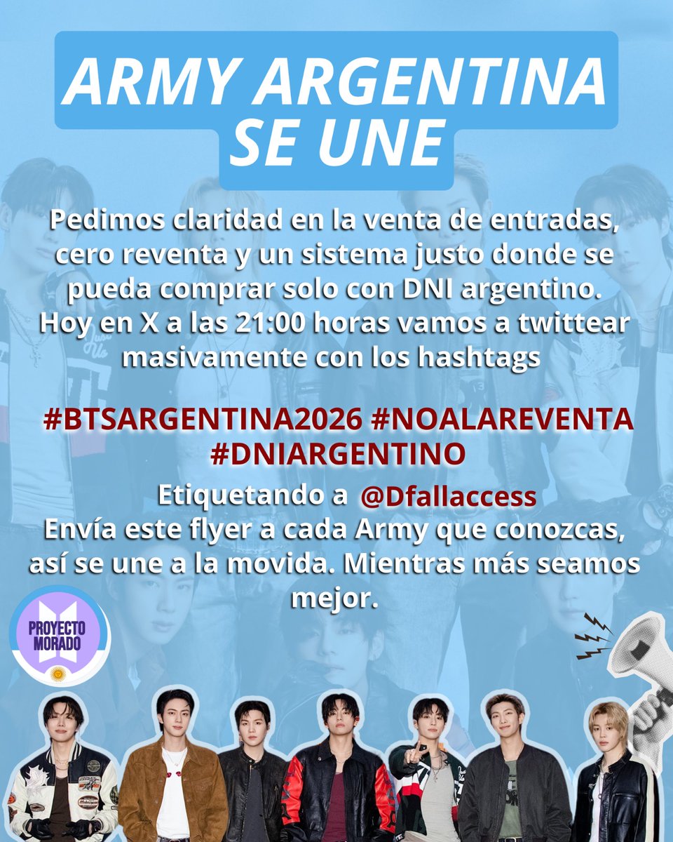 LuzveronicaN's tweet photo. NO a la REVENTA de ENTRADAS!!!

#BTSARGENTINA2026 #NOALAREVENTA #DNIARGENTINA
@Proyecto_Morado 
PROYECTO MORADO ARGENTINA 
WHALIEN 52 ON LINE 
MAMACITAS ARMYs SAN JUAN
SPRING DAY SAN JUAN https://t.co/T6dVCViiaH