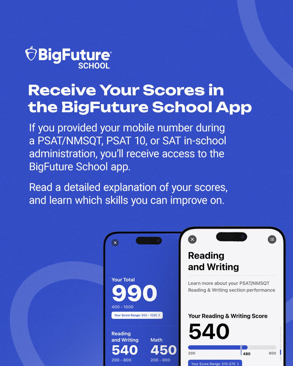 CollegeBoard's tweet photo. Students who took the in-school SAT between March 2 and March 14, 2026 and provided their phone number will begin receiving their scores in the BigFuture School app. 

If you tested and did not provide your phone number on test day, you can still access the app using your test registration number here: https://t.co/IGUj3kbVlo