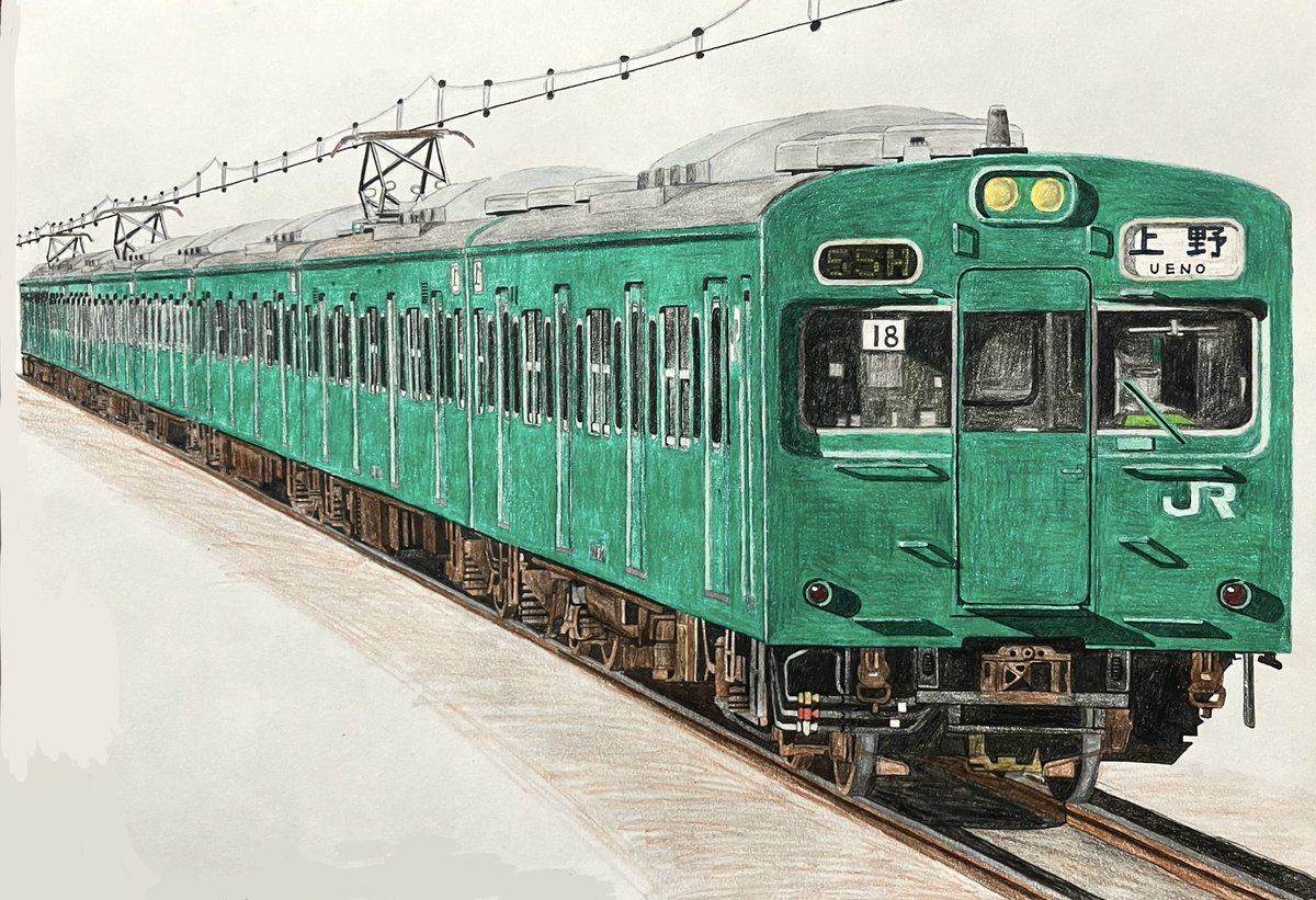U_LV326's tweet photo. シャーペンと色鉛筆とボールペンを使用し、
常磐線快速を上る103系1000番台を完成させました！✒️ https://t.co/ueXT2zgWWS
