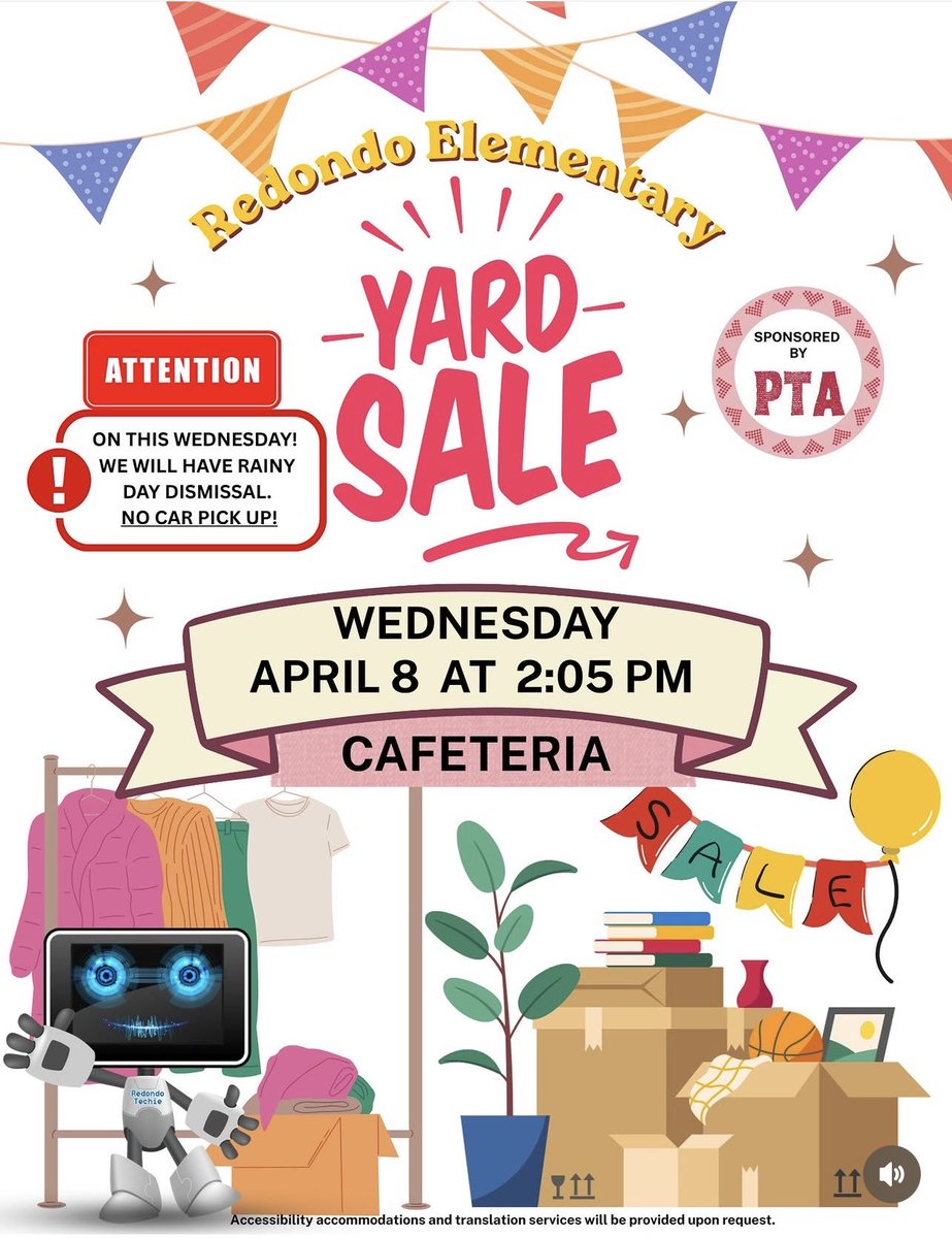 RedondoEle's tweet photo. 🎉 Yard Sale Alert!
Come shop, explore, and support our school at our PTA-sponsored yard sale! 🛍️
📅 April 8 | ⏰ 2:05 PM | 📍 Cafeteria
We can’t wait to see you there! https://t.co/4l9vxq11fV