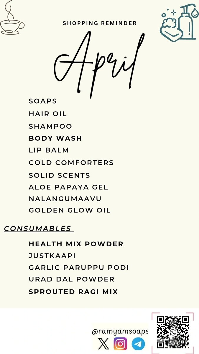 ratweetzz's tweet image. இனிய காலை மக்களே..

What do you want this month?
Send us your list – We’ll pack it for you.
Self Care 
Hair Care 
Skin Care 
Healthy Foods

Everything homemade. Small batch. Freshly made.

Message to Enquire/Order
#ramyamsoaps #JustKaapi 

Please 🔁if you see this post