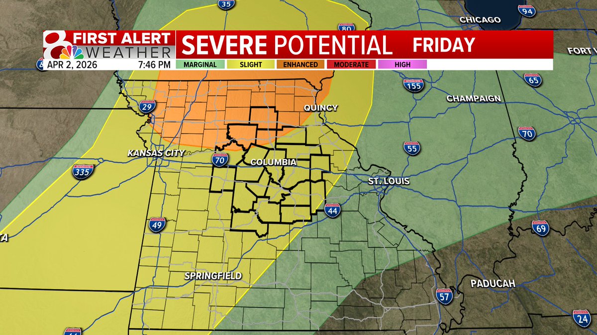 KOMUMatt's tweet image. Thursday Evening Update: We'll be dry tonight &amp;amp; most of Friday, but our greatest chance of severe weather that we've had this week moves into the region Friday evening. All forms of severe weather possible, but damaging wind gusts will be the main concern #MidMoWx #MoWx #MidMo