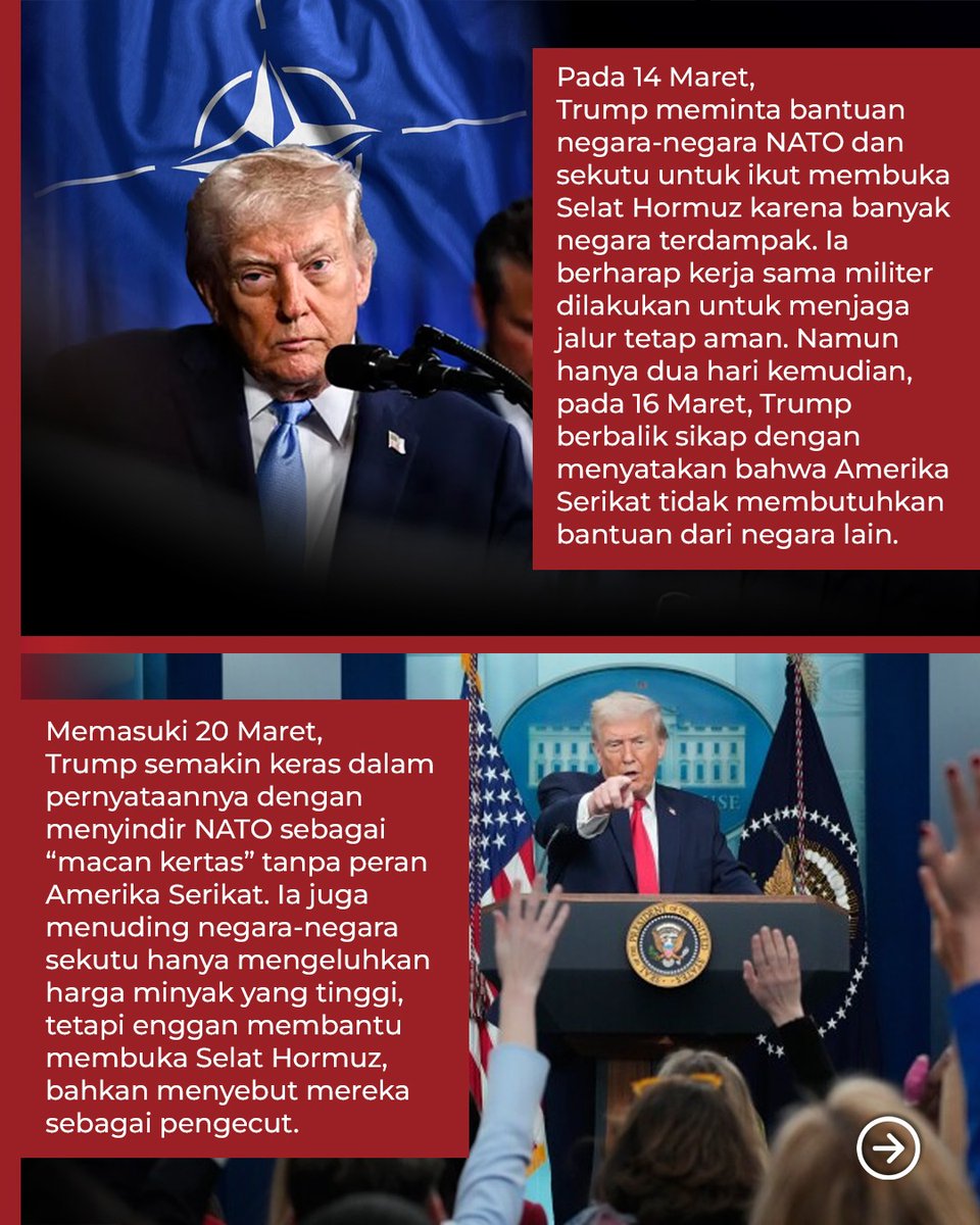 tvOneNews's tweet photo. Pernyataan Presiden Amerika Serikat Donald Trump terkait perang dengan Iran terus berubah-ubah, khususnya soal penutupan Selat Hormuz. Mulai dari meminta bantuan NATO.
#PhotoStorytvOne #Trump #AmerikaSerikat #Iran #SelatHormuz #NATO #TimurTengah #PS02 https://t.co/6wEz7muu6x