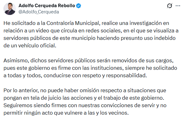 nacholozano's tweet photo. “Vas tomando y vas bien peda”, así grabaron a Erika Vianey Potrero Terán, directora de Educación de #Nezahualcóyotl, #Edomex.

En un video que circula en redes sociales, la funcionaria aparece a bordo de un vehículo oficial, mientras una persona la increpa por estar en presunto estado de ebriedad.

Luego de que las imágenes se viralizaron, el alcalde Adolfo Cerqueda Rebolledo informó que los servidores públicos involucrados serán removidos de sus cargos, y que solicitó a la Contraloría Municipal iniciar un procedimiento e investigación formal.