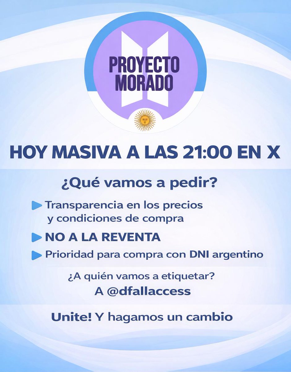 LuzveronicaN's tweet photo. NO a la REVENTA de ENTRADAS!!!

#BTSARGENTINA2026 #NOALAREVENTA
#DNIARGENTINA
@Proyecto_Morado 
PROYECTO MORADO ARGENTINA 
WHALIEN 52 ON LINE 
MAMACITAS ARMYs SAN JUAN
SPRING DAY SAN JUAN https://t.co/L0el9zvuLU