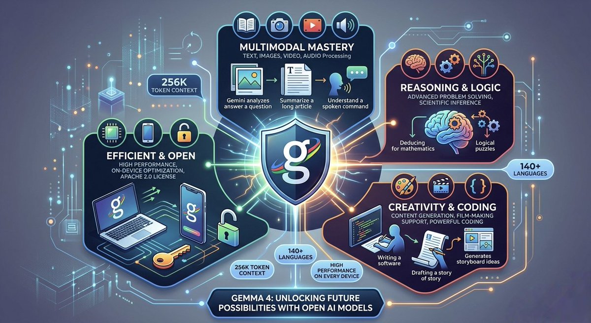 talkwithaswin's tweet photo. Google just dropped Gemma 4. 🔥

And it's free to use commercially.

→ Runs on your phone &amp; laptop
→ 140+ languages
→ Text, image, audio &amp; video input
→ 4x faster than previous version
→ 60% less battery

https://t.co/vwDOtB5RyC

#Gemma4 #Google #AI #OpenSource https://t.co/OlLg46Pd1q