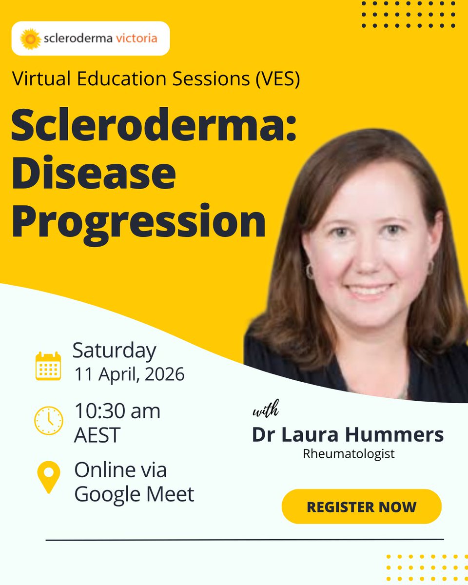 scleroderma_vic's tweet photo. 📅 Mark your calendars!

JOIN US this April for our #VirtualEducationSession with guest speaker Dr Laura Hummers!

WHEN: Saturday, 11 April at 10:30 AM AEST
WHERE: Online via Google Meet
TOPIC: Scleroderma: Disease Progression

Register today!
https://t.co/ebxsEyRcnB https://t.co/CEB6YVWJM9