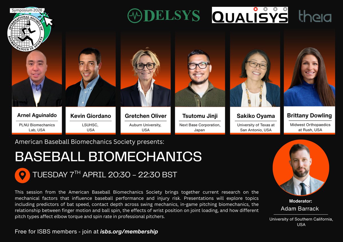 ISBSOFFICIAL's tweet photo. ⚾ What can biomechanics reveal about baseball performance and injury risk?
Join Baseball Biomechanics at the ISBS Online Symposium 2026.
📅 7 April | 🕣 20:30–22:30 BST
Free for ISBS members
#ISBS #Biomechanics #Baseball #SportsScience https://t.co/ZtqfKG66q0