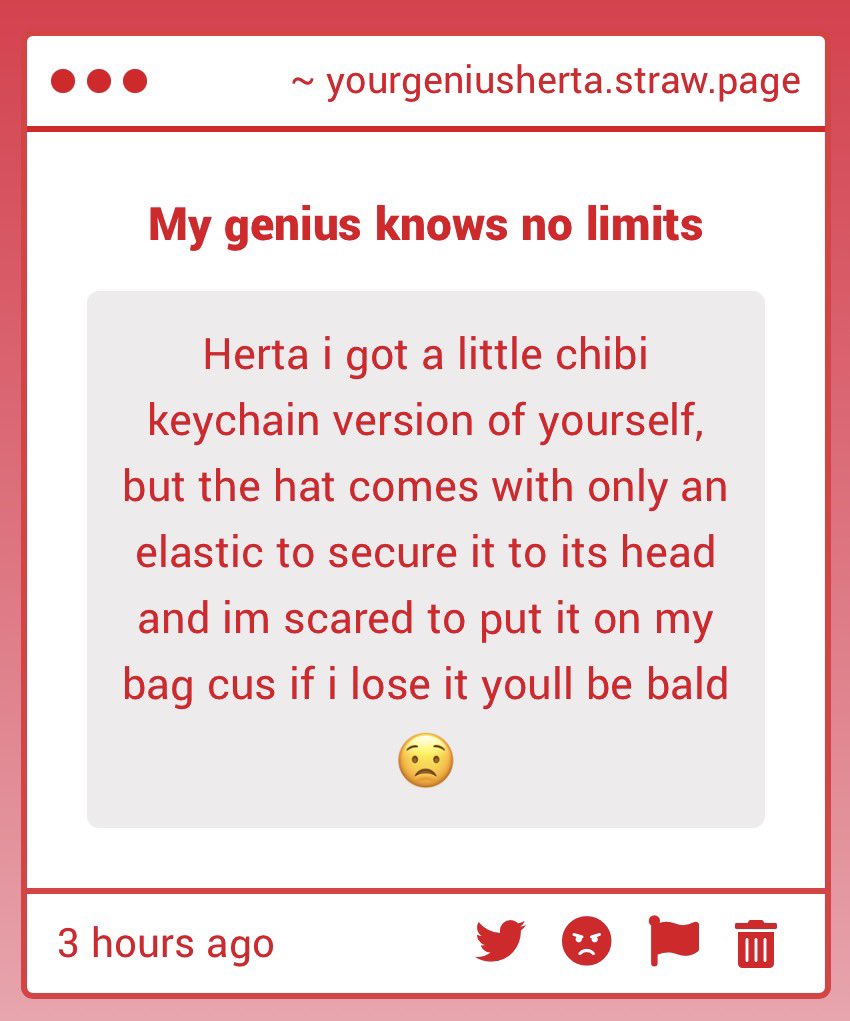 TheHertaGenius's tweet photo. Oh darling, who’s to say I’m not already bald?

I merely joke, of course I’m not~

If you wish to protect my glorious head then do what you believe is best, if you’d like put it on your bag and be gentle. https://t.co/02cCjMCSAj