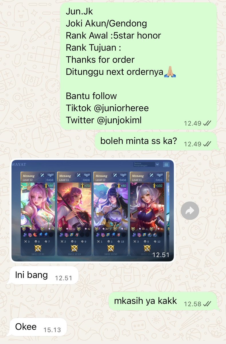 done

joki legend 5⭐️
jokgen legend 6⭐️
jokgen honor 5⭐️
jokgen glory 5⭐️

yang mau joki ml/gendong sung aja chat wa dibio ya, sung proses