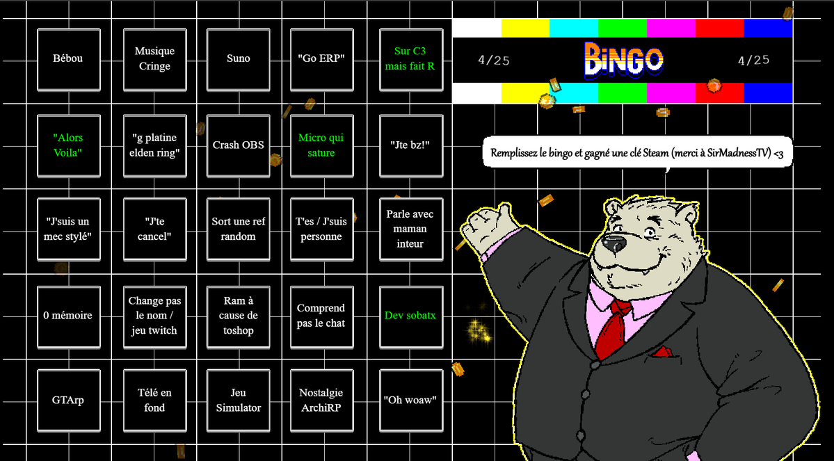 Instead of working on #SOBATX, I spent a few fun hours developing a bingo game for my viewers on Twitch :)