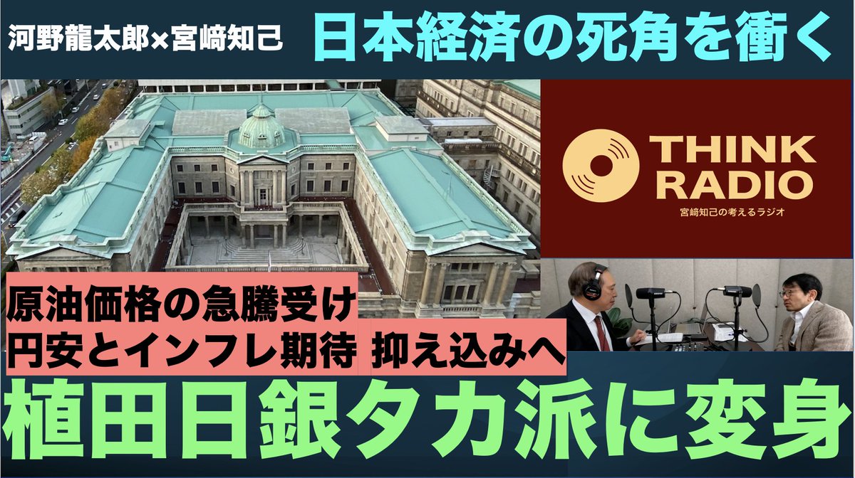 thinkradiocom's tweet photo. 💸河野龍太郎×宮﨑知己「日本経済の死角を衝く』　植田日銀タカ派に変身　原油価格の急騰受け　円安とインフレ期待 抑え込みへ

https://t.co/HVZWx0gOIJ
https://t.co/C2ICuDhya4

河野龍太郎×宮﨑知己「日本経済の死角を衝く』の4回目は、植田和男総裁が率いる日本銀行がタカ派に急変身した話を取り上げます。
超大国によるイラン攻撃で原油の価格が急騰。戦争がその後も長引く様相を見せ始めたことで原油価格はさらに上昇し、その２次的波及効果により円安とインフレ期待が亢進。早期利上げのポーズを取らなければならない状態になったと考えられます。
原油は価格の高騰のみならず、ホルムズ海峡に加え、バブルマンデム海峡も事実上封鎖されることになれば、モノ自体が入ってこなくなる恐れが出てくる。日本はすでに民間備蓄だけでなく国家備蓄の分の原油の放出を始めており、金融政策当局としても、抜き差しならぬ状況に追い込まれている。

#日本銀行 #利上げ #タカ派 #原油価格高騰 #中東情勢 #イラン #イラン戦争 #ホルムズ海峡 #バブルマンデム海峡 #イラン革命防衛軍 #機雷封鎖 #石油国家備蓄 #河野龍太郎 #宮﨑知己 #宮﨑知己の考えるラジオ #日本経済の死角 #インフレ期待 #円安