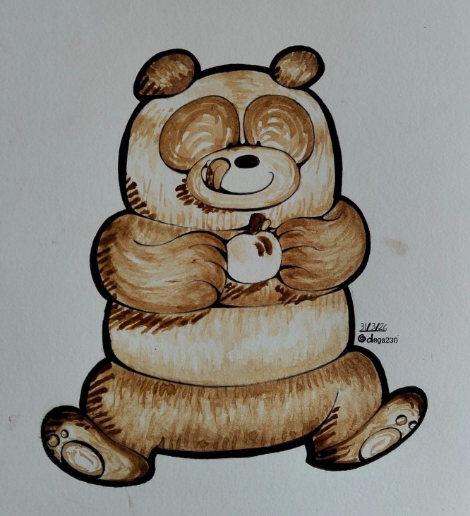 Dega230's tweet photo. A little drawing of a "Panda". I made it with liquid coffee. The ironic thing is that I don't even like drinking coffee 😝. 
#WeBareBears #FanArt #CartoonArt https://t.co/HGh6etzPDC