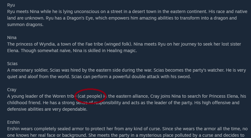 about Breath Of Fire IV being release on steam, I notice that in both platforms, <a href="/Steam/">Steam</a>  and <a href="/GOGcom/">GOG.COM</a>, they describe Cray's race The Woren as "cat people", well, they are "tiger people", not cats. they didn't care for accuracy, and yeah, my OCD is talking