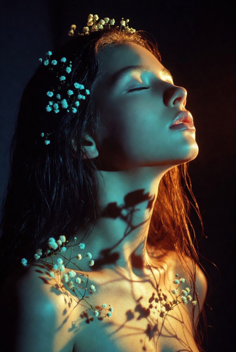 phokuinc's tweet image. Petals, shadows, and a face kissed by light. Nature painting in motion. #VisualPoetry #DigitalAesthetic #Aesthetics