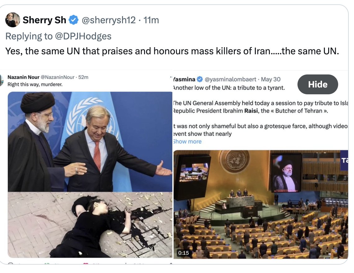 <a href="/BrandonStraka/">Brandon Straka #WalkAway</a> As an Iranian, I've seen the UN honoring our mass killers.
This is indeed very good news for all Iranians.

Thank you president Trump.