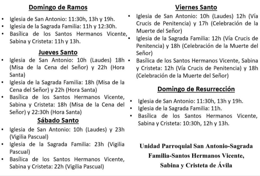 Les recordamos los horarios de las Celebraciones que tendrán lugar tanto hoy, #ViernesSanto, como durante el #SábadoSanto y el #DomingoDeResurrección, en las tres Parroquias de nuestra Unidad Pastoral. #Ávila #SomosUnaFamilia