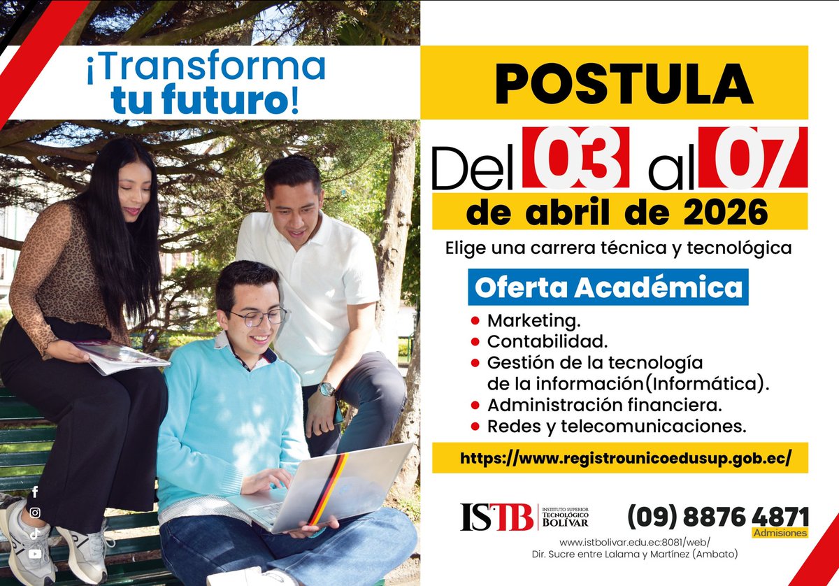 🚀 Postula Ya en:

✨ Marketing
💻 Gestión de la Tecnología de la Información
📊 Contabilidad
💼 Administración Financiera
🌐 Redes y Telecomunicaciones

Del 3 al 7 de abril tienes la oportunidad de dar el siguiente paso en tu vida profesional en el Instituto Bolívar