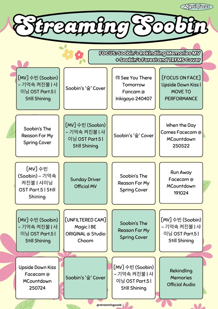 streamingsoob's tweet image. 🌻 ㅡ April Playlists

Playlists for April have been updated! 

📁 Rekindling Memories + Sunday Driver Focus :
youtube.com/playlist?list=…

📁 Rekindling Memories + Forest &amp;amp; TRFMS Focus :
youtube.com/playlist?list=…

Thank you for keep on streaming soobin with us! 🩵

#streamingsoobin