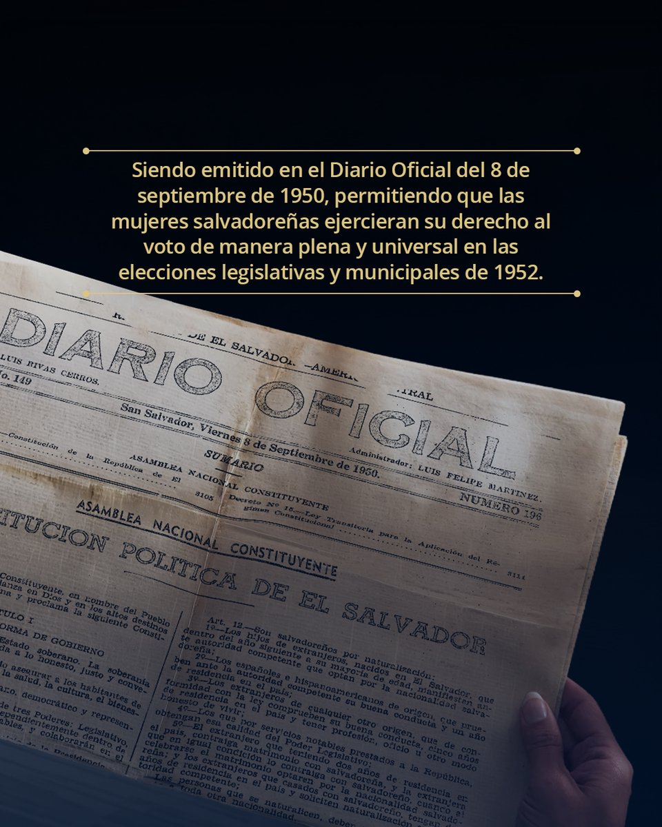 TSEElSalvador's tweet photo. Conmemoramos 74 años del ejercicio pleno del derecho al voto de las mujeres salvadoreñas. 🗳️

El 6 de abril de 1952 marcó un hito en la historia del país. Hoy recordamos este avance como parte fundamental de nuestra historia democrática. 📜

#TSEElSalvador #DiosTeSalvePatriaSagrada