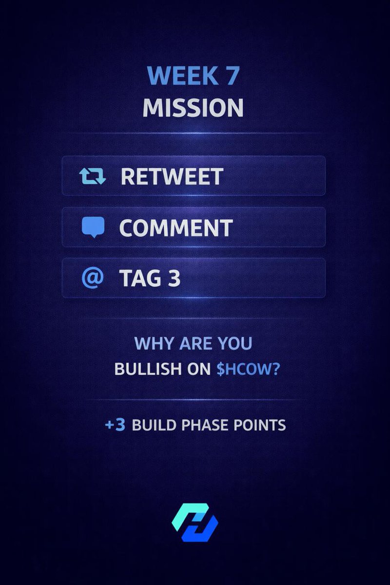 HCOW_Official's tweet photo. Build Phase — Week 7 Mission ✅

This week, we want signal — not silence.

Go to @HCOW_Official on X
and complete all 3 actions:

1️⃣ Retweet the pinned post  
2️⃣ Comment why you’re bullish on $HCOW  
   • your own words  
   • 1 full sentence minimum  
3️⃣ Tag 3 people who should know about HCOW

Reward
• 1 approved entry = 3 Build Phase points
• Max 1 approved entry per person

Rules
• pinned post only
• original comment only
• at least 1 full sentence
• 3 real tagged accounts
• spam / copy-paste / low-effort = rejected

Your entry counts only if all 3 actions are completed.

Approval-based. Cumulative. Contributor Ledger tracked.

No proof, no position.
