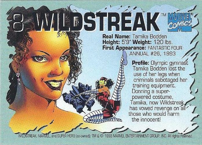 AustinGorton's tweet image. 008 - Wildstreak

Grading on the curve of these characters, Wildstreak has a pretty decent CV, w/DeFalco also using her in his Thunderstrike book, then popping up in "Civil War" and a Red Hulk story.

Scans via @tradingcarddb

#TradingCardADay #93A #FantasticFour #Wildstreak