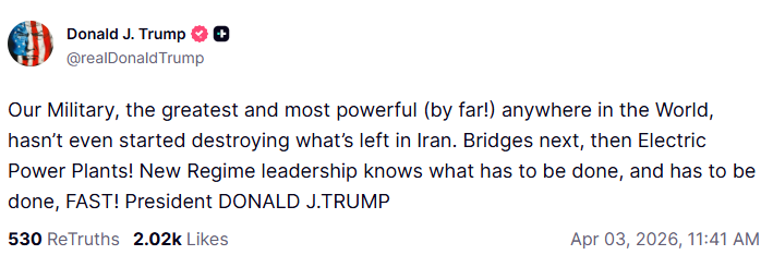 Min_FX's tweet photo. 【要人発言】
🇺🇸トランプ大統領
「我が軍は、世界中のどこよりも偉大で最強」
「我が軍はイランに残っているものを破壊し始めたばかりだ。次は橋、そして発電所だ」 https://t.co/rvXJoU6ii3