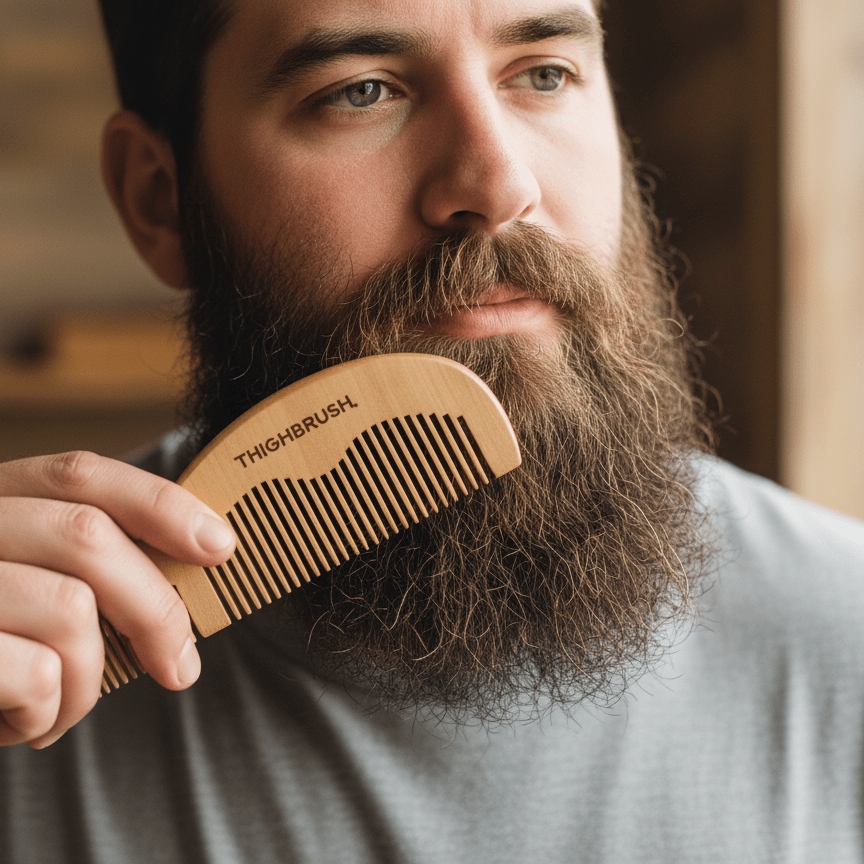 thighbrush's tweet image. THIGHBRUSH® Beard Comb made of natural wood, with THIGHBRUSH printed on front and logo on back. Includes PU leather sleeve. Approx. 4"x2". Store Link in Bio. @thighbrush #thighbrush @thighbrushapparel #thighbrushapparel #featuredproducts #gifts