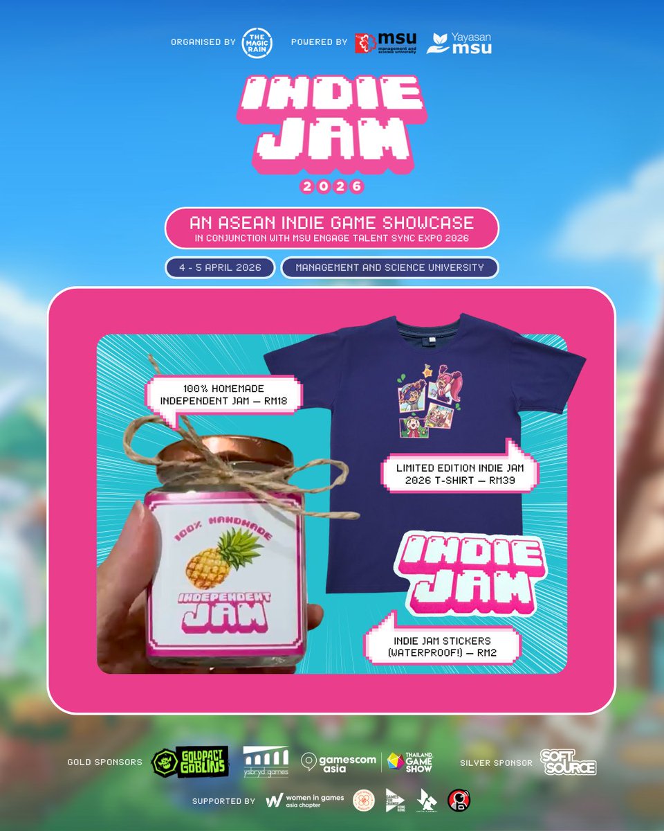 indiejam_my's tweet photo. Love Indie Jam? Support us by grabbing some merch! Every purchase helps us keep the event going and continue supporting indie creators. Plus, merch purchases unlock a BONUS Stamp Rally tier ✨ https://t.co/J3lsch7m8O