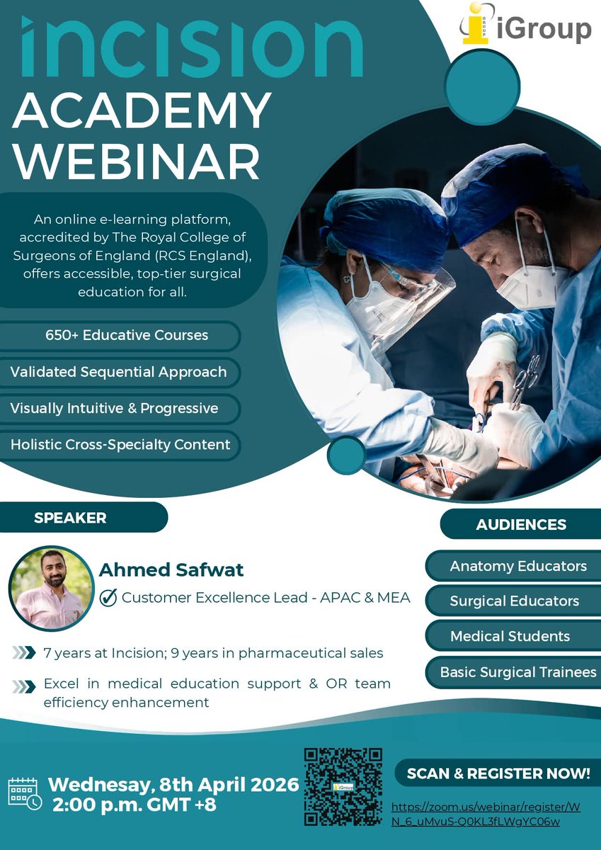 📣 Webinar สำหรับสายศัลยกรรม
Incision Academy Webinar
แพลตฟอร์ม Surgical e-Learning ที่ได้รับการรับรองโดย Royal College of Surgeons of England
🗓 8 เม.ย. 2569
⏰ 13.00 น.
💻 Zoom
ลงทะเบียนฟรี 👇
zoom.us/webinar/regist…
