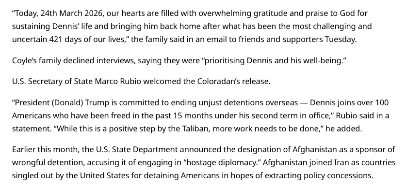 realtinapeters's tweet image. The Taliban is more reasonable than the State of Colorado...

TALIBAN RELEASES COLORADO MAN HELD IN AFGHANISTAN FOR MORE THAN A YEAR

Afghanistan released Coyle “based on humanitarian sympathy and goodwill...after what has been the most challenging and uncertain 421 days of our