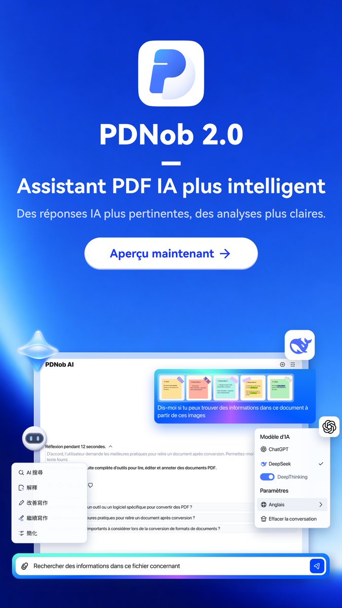 PDNobFrance's tweet photo. PDNob 2.0 arrive avec un assistant PDF IA encore plus intelligent ! Posez vos questions, obtenez des réponses avec références, et suivez des suggestions de prompts — tout ça sans quitter votre fichier. #PDNob #AIPDF #PDFEditor https://t.co/QApck3kL0h
