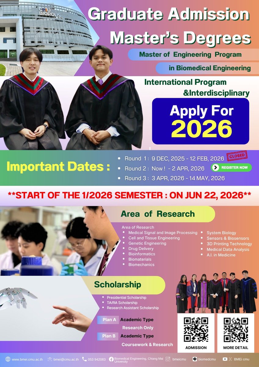 BMEiCMU's tweet photo. Exciting news
The Master's and Doctoral Degrees in Biomedical Engineering Program (International Program/Interdisciplinary) is now accepting applications for the 1st semester of the 2026 Academic Year
■ March 23, 2026 – May 14, 2026 via https://t.co/tENJkMdYmJ
#BMEiCMU #Graduate https://t.co/pN0bsS9rDC