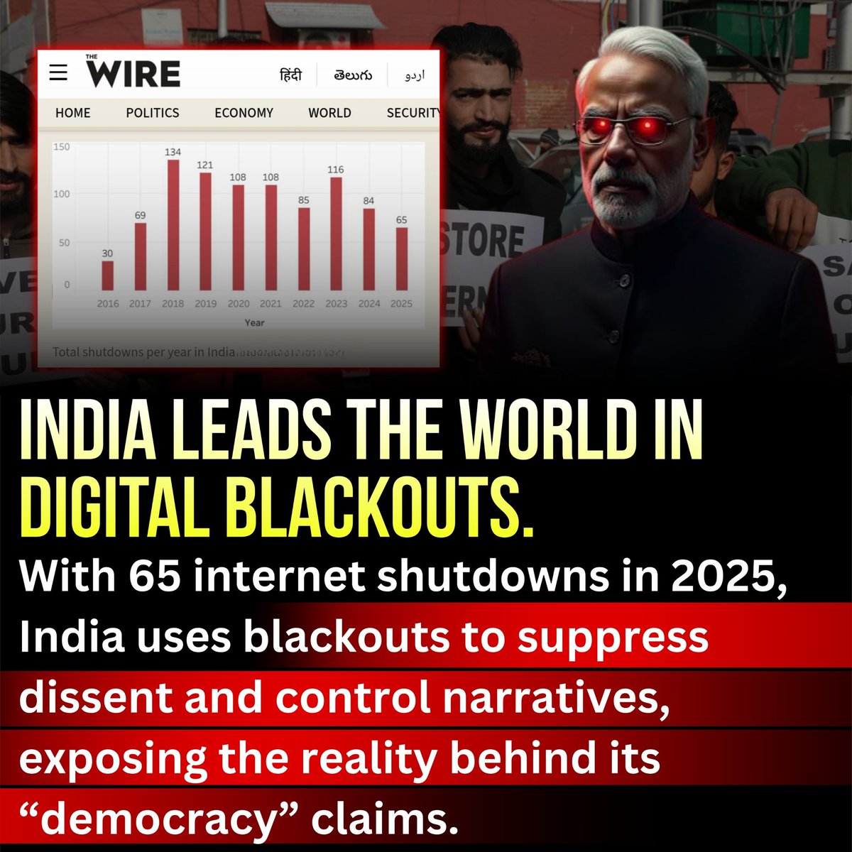 Trendistan66621's tweet photo. In a connected world, going offline has real consequences. Ongoing internet shutdowns in India are sparking conversations about rights, control, and the future of digital access.
#India #InternetShutdowns #DigitalRights #FreedomOfSpeech #TechDebate #nolimit https://t.co/cZmVGLK9MR