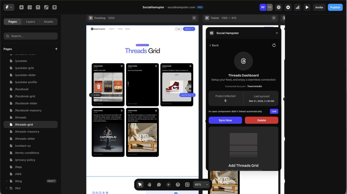 Utkarsh_Space's tweet photo. The Threads API launched in 2024. It's official, it's read-only, and it's still rough around the edges.

When we decided to add Threads support to Social Hampster, the documentation was thin, third-party support was basically zero, and most tools had quietly dropped "Threads support: coming soon" placeholders.

We shipped it anyway.

Here's what that actually required:
→ OAuth 2.0 with Meta's new Threads auth flow (different from Instagram, even though it's the same company)
→ Pagination handling for feeds that scroll back months
→ Graceful handling when the API returns media types we didn't expect
→ Rate limiting that doesn't break the user's site if we hit API limits

The result: a live Threads feed that works inside Framer. Grid, Masonry, Slider.

If you've been waiting for a Framer plugin that actually supports Threads — it exists now: https://t.co/NVvdjRBFgK