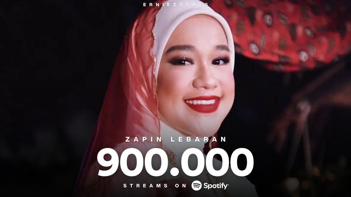 erniezstats's tweet photo. "Zapin Lebaran" by @ErnieZakri has surpassed 900,000 streams on Spotify.

It becomes her 17th track to reach this milestone! https://t.co/lyhCMOGPEd