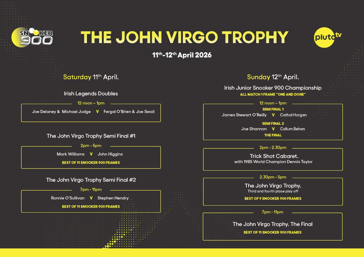Snookerlegends's tweet photo. Running order for GOFFS and The John Virgo Trophy next weekend. Live on @PlutoTV and @channel5_tv Action. Doors open at 11am each day. IF YOU WISH TO ADD ON A PHOTO PACKAGE with the players please email jason@snookerlegends.co.uk This is an additional cost but includes photo with all 4 legends, printed on the spot, a frame and mount personally signed by all 4 players. This has never been done before.
