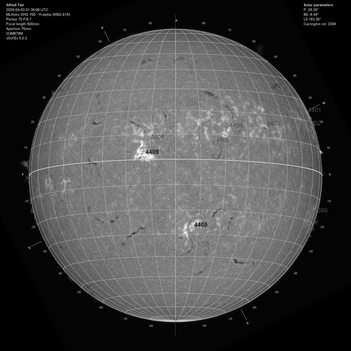 yltansg's tweet photo. 3Apr- AR4405 looks potent four days after it ejected an #XFlare on 30Mar. Close-up #HAlpha photo of AR4405 was taken with a 8" Celstron SCT fitted with an energy rejection filter and a PST etalon. This high-resolution image show the solar features in the #Chromosphere. #Plages (bright patches with hotter denser chromospheric gases ), indicating strong magnetic fields, surround dark the dark sunspots . #Fibrils, the dark, thin, thread-like structures that trace the magnetic field lines formed circular patterns around sunspot's penumbrae. Massive dark, snaky #Solar_filaments (clouds of cooler dense plasma) suspended by magnetic fields above the solar surface. Full disk H-Alpha images taken with a MLAstro SHG700 Spectroheliograph show the location of AR4405 on the solar disk. Both #solar_telescopes were set up side-by-side.
