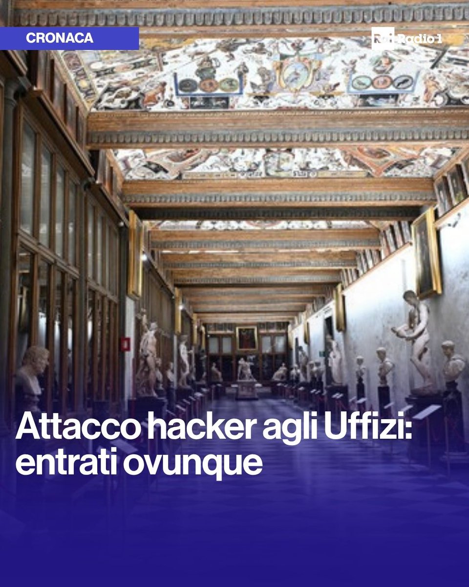 Radio1Rai's tweet image. 🔵  #Hacker attaccano le Gallerie degli #Uffizi e chiedono riscatto: password, mappe interne, fino ai dettagli su allarmi e videosorveglianza tra i dati rubati. Lo riporta @Corriere. Il furto, condotto lentamente per mesi,  riguarda anche Palazzo Pitti e il Giardino di Boboli