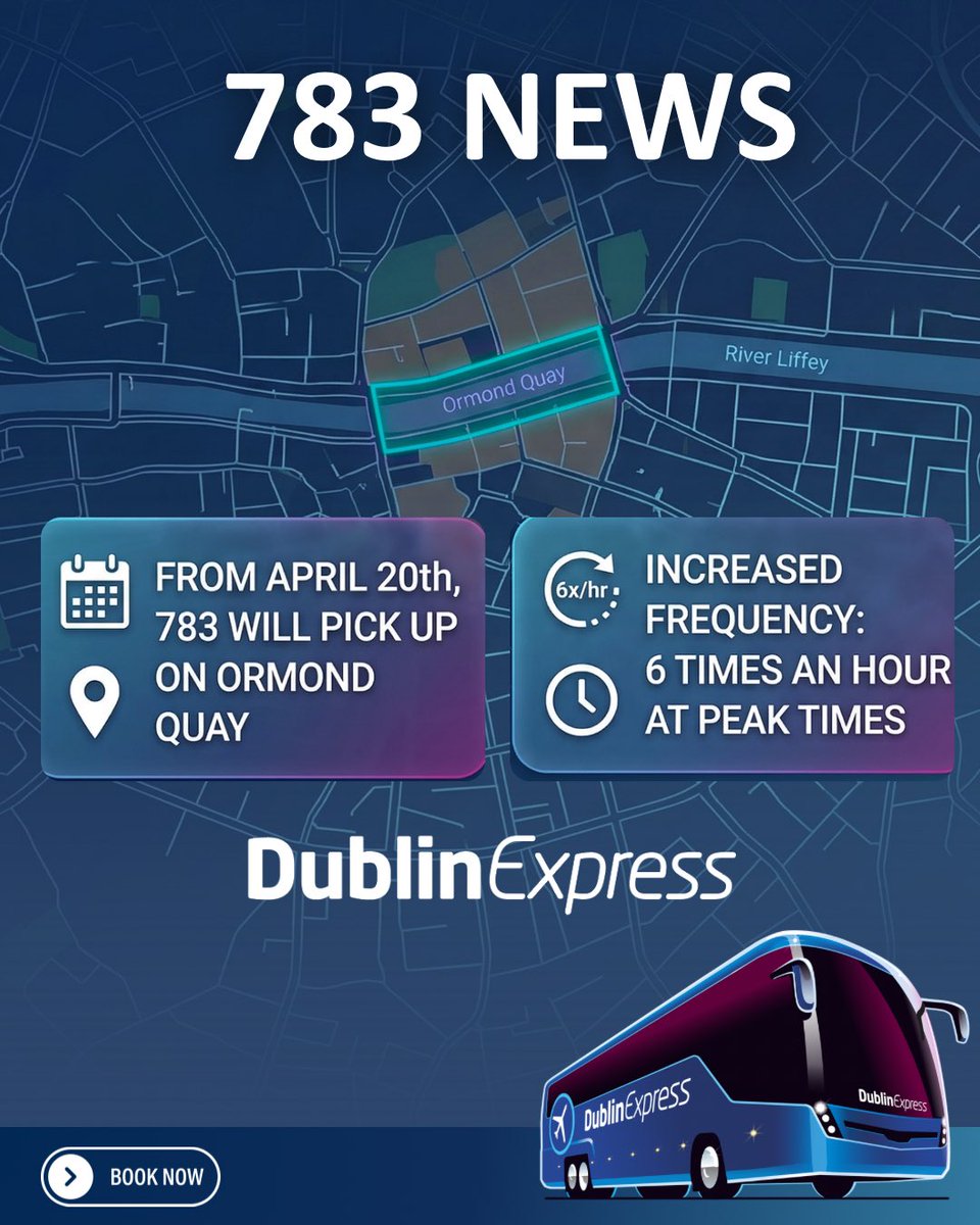 dublin_express's tweet photo. Big news for the 783! ππ¨
Starting April 20th, weβre adding Ormond Quay to the route. What does that mean for you? More coaches, more often! Weβre increasing our frequency to 6 times per hour during peak times.
Plan your journey at the link in our bio! βοΈ
#DublinExpress #783News https://t.co/3ydTp0jZkA