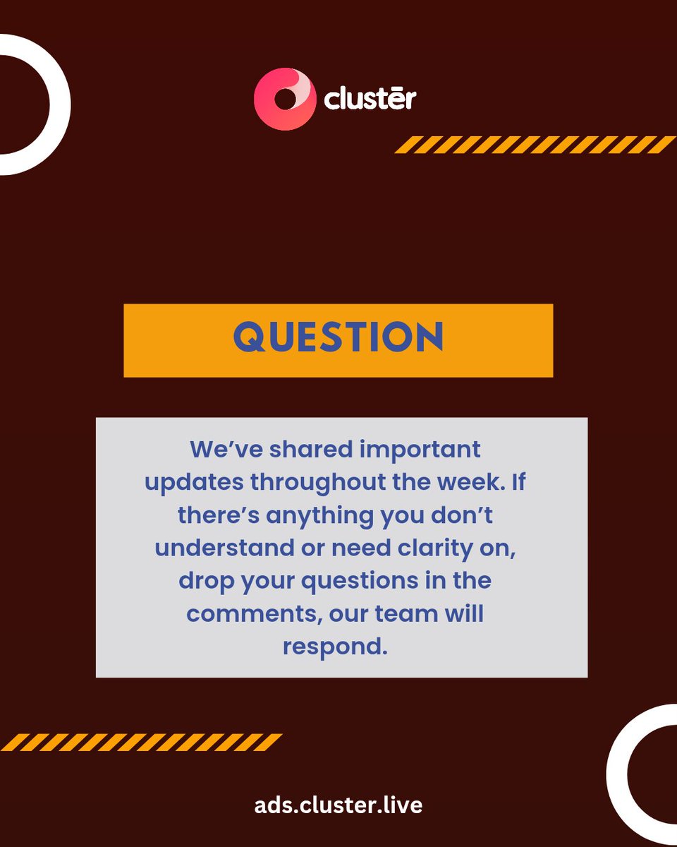 clusterliveapp's tweet image. We’ve shared a lot this week, and we want to make sure you’re not left confused. Drop anything you don’t understand in the comments, our team is ready to help you out.

#ClusterLive #AskUsAnything #CommunitySupport #StayInformed #UserUpdate