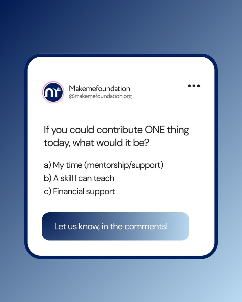 Makeme_org's tweet image. If you could contribute one thing today , what could it be?
.
.
.
#makemefoundation #sustainabledevelopmentgoals