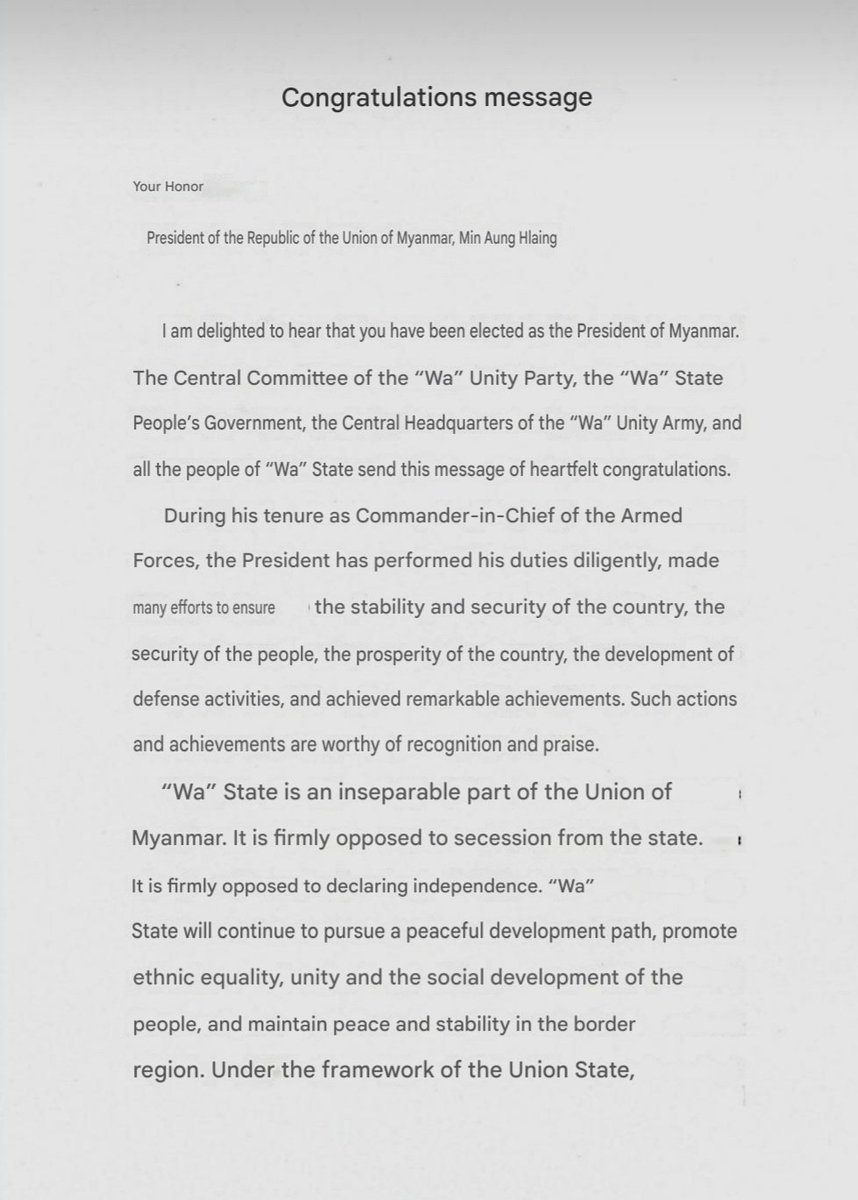 MayWongST's tweet image. Powerful #ethnic #army #WA in self-administered zone in #Myanmar bordering #China, quick to congratulate Min Aung Hlaing as new president. Adds they'll continue to communicate/work with his administration &amp;amp; assured him they're opposed to secession
(Google translated Eng version)