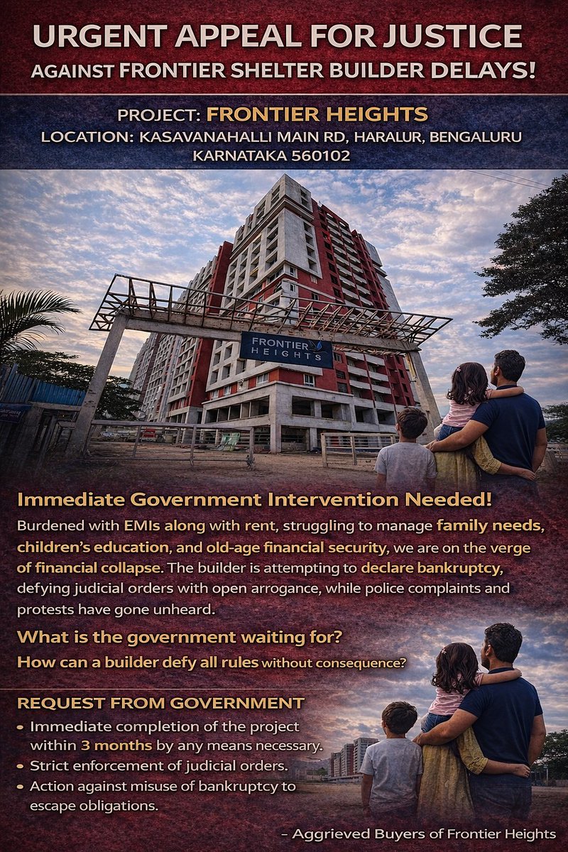 kishoreamitabh's tweet photo. 🙏Request for Intervention🙏
@CMofKarnataka @siddaramaiah
@DKShivakumar
@KarnatakaRERA @DrParameshwara @osd_cmkarnataka @KA_HomeBuyers
@timesofindia @ndtv @CNNnews18 @republic @IndiaToday @EconomicTimes @htTweets
@DeccanHerald @NewIndianXpress @TOIBengaluru @FrontierHeights https://t.co/Imm6ObrPjl